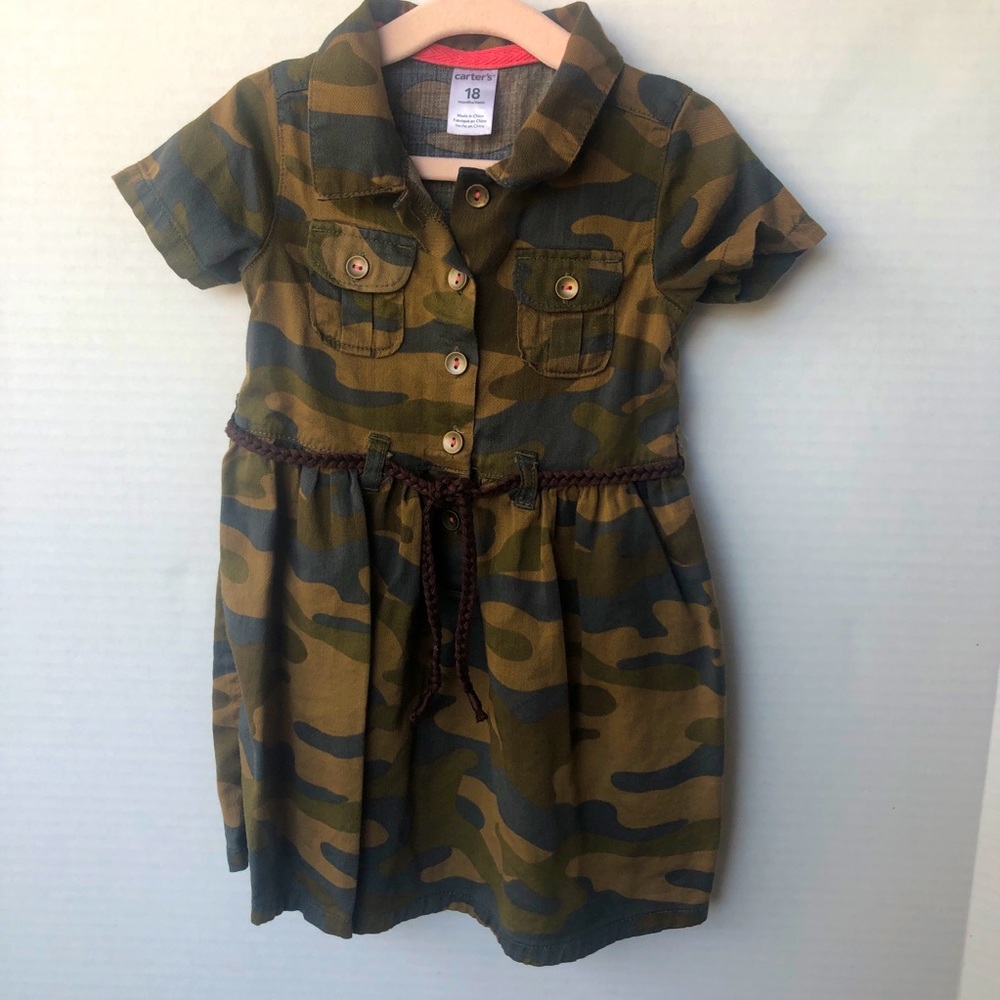 Carter’s toddler dress size 18M color camouflage with button in front.